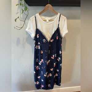 90s look maternity size medium Floral Navy Slip Dress with White Tee